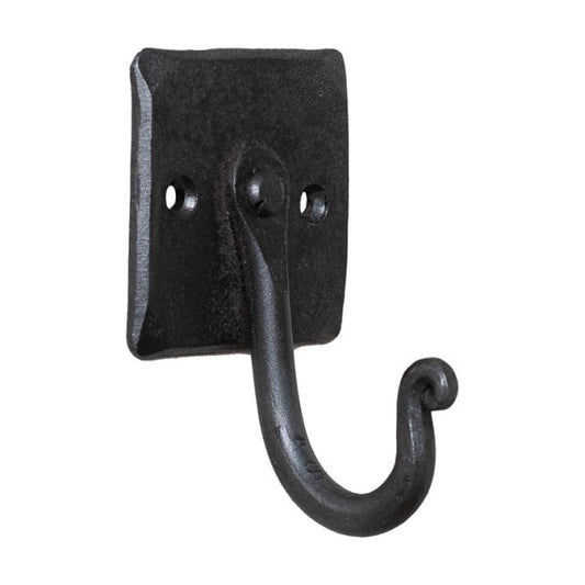 A black wrought iron wall hook with a mount plate, featuring a rustic finish and a small backplate mount.