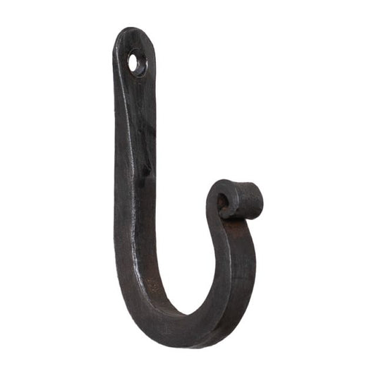 A wrought iron wall hook with a black antique finish, featuring a curved hook and a mounting hole at the top.