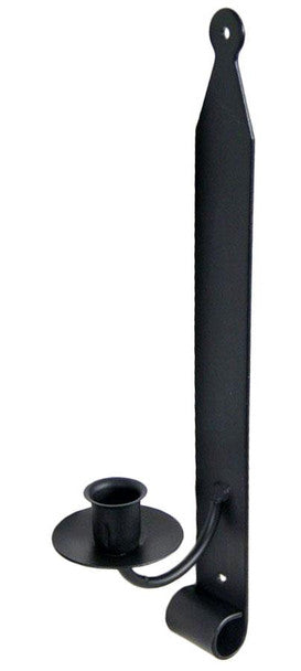Side view of wrought iron sconce on a white background.