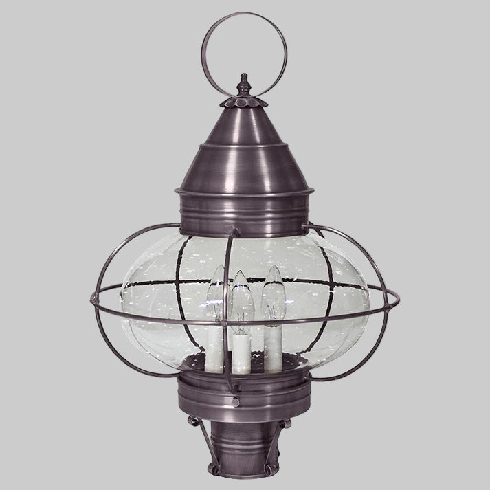 Vintage-style hanging lantern with glass cover and metal frame on a white background