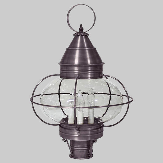 Vintage-style hanging lantern with glass cover and metal frame on a white background