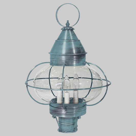 Vintage-style metal lantern with clear glass on a white background