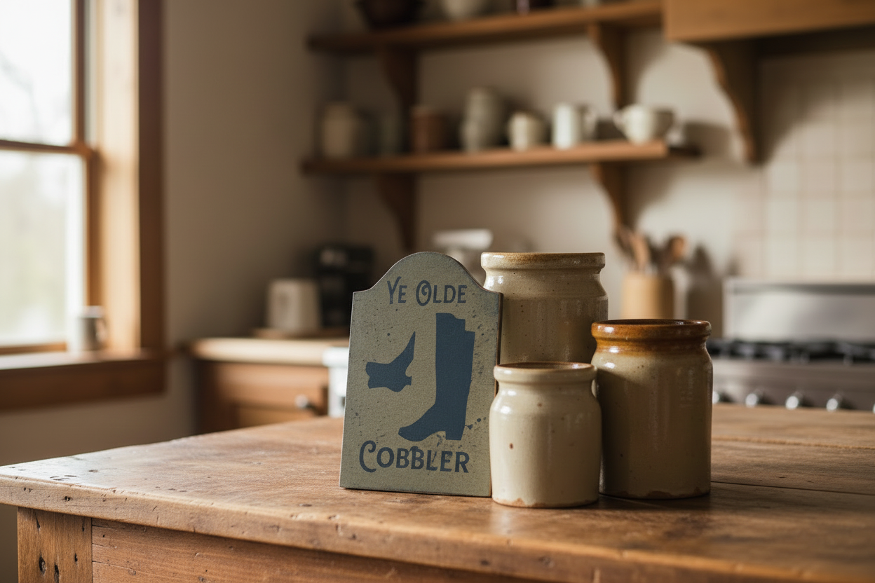 Decorative sign with cobbler silhouette on a wooden table in a kitchen setting