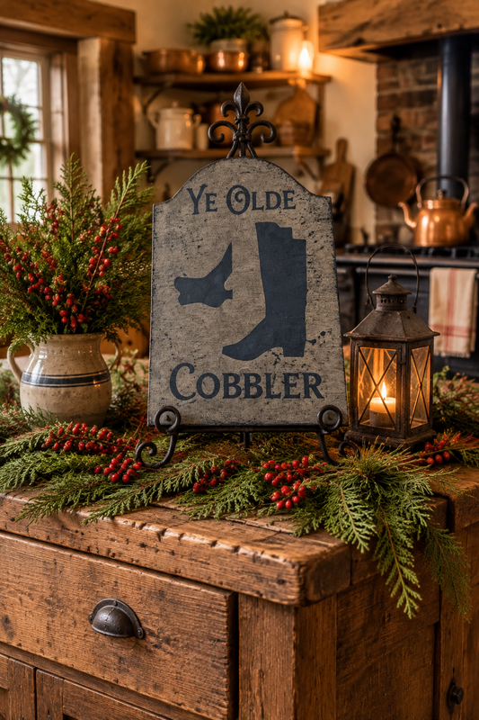 A rustic decorative sign reading 'Ye Olde Cobbler' with a boot and hat silhouette, displayed on a wooden cabinet in a warm, decorated kitchen setting with a lantern, greenery, and red berries.