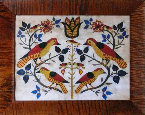 Decorative artwork with birds and flowers on a wooden surface