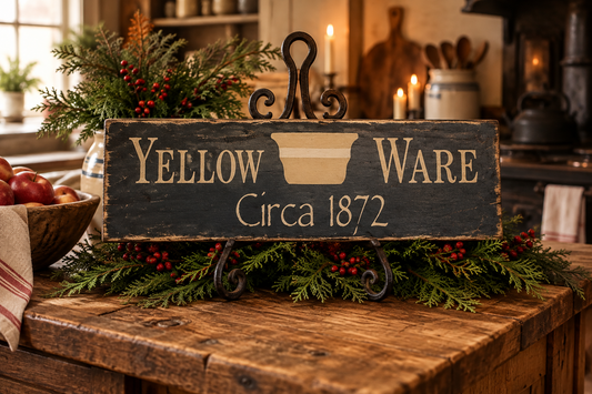 A rustic wooden sign reading 'YELLOW WARE Circa 1872' with a beige pot icon, displayed on a wooden table in a warm, decorated kitchen setting with candles and greenery.