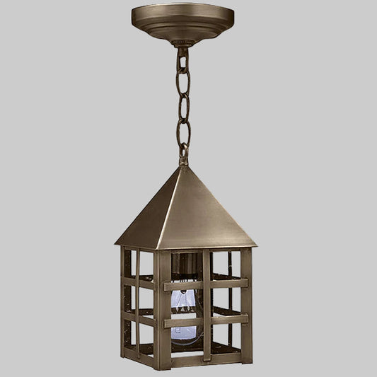 Bronze outdoor hanging lantern on a gray background