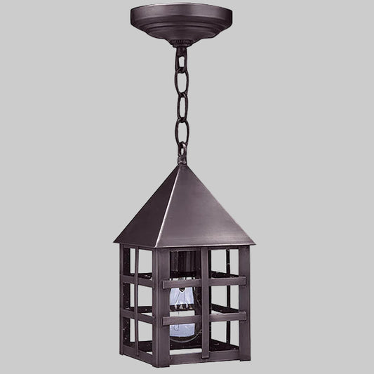 Dark metal hanging lantern on a gray background