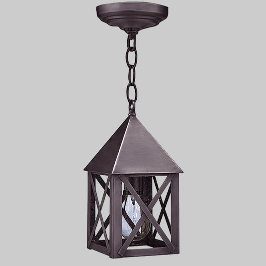 Dark metal outdoor hanging lantern on a gray background