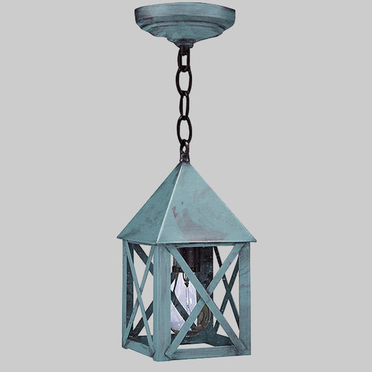 Blue outdoor hanging lantern on a gray background