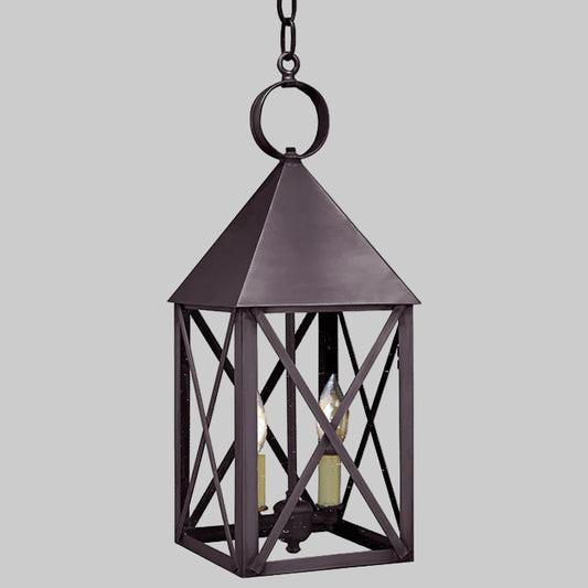 Decorative hanging lantern with a dark metal finish on a gray background