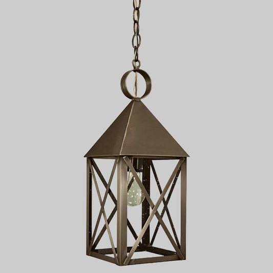 Bronze hanging lantern with a clear bulb on a gray background