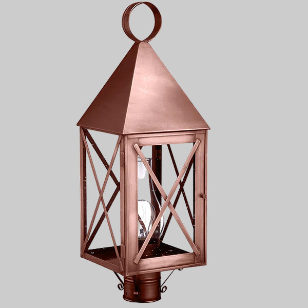 Copper lantern with geometric design on a gray background
