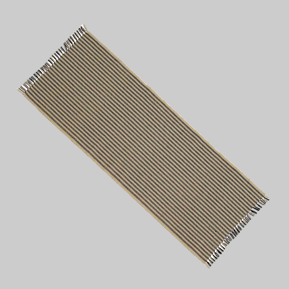 A beige cotton York ticking table runner with a black border.