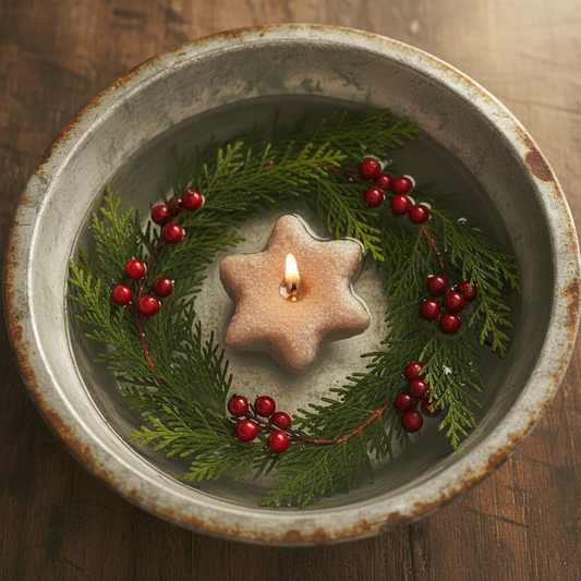 Star-shaped candle in a decorative bowl with greenery and berries on a wooden surface