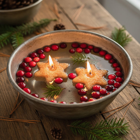 Decorative bowl with floating star-shaped candles and cranberries on a wooden surface.