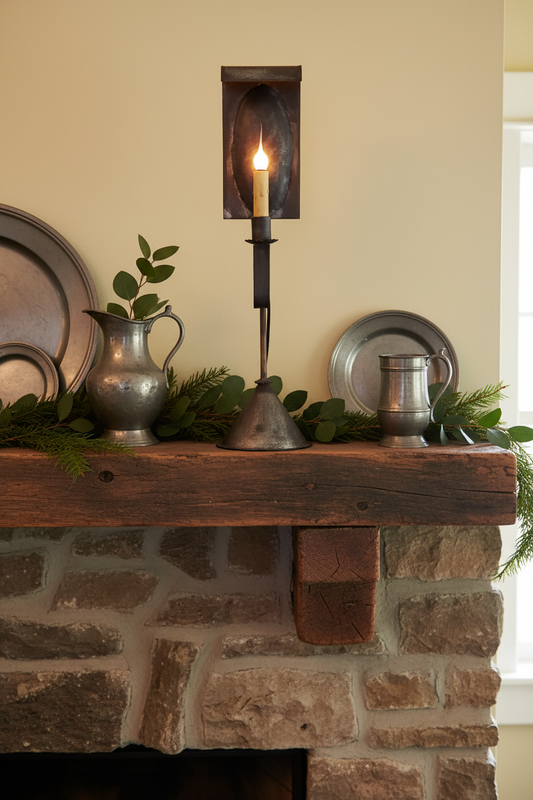 Decorative mantel with stone fireplace, metal pitcher, and wall sconce.
